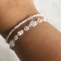 Moonlight and pearl bracelet Cute pearl dainty bracelet Moonshine bracelets set Beaded braided jewellery Gift for her