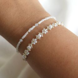 Lunar Elegance Flower Bracelet in Moonlight Hue with Pearl Accent Trendy jewellery Moonshine dainty jewellery