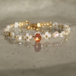 Handcrafted White Beaded Floral Bracelet with Pearl and Terracotta Stone Accent - Elegant and Unique Design