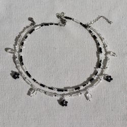 Black and silver beaded necklace, Floral necklace with black and silver beads,Unique bead floral choker from 20 to 42 cm