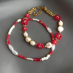 Handcrafted Berry Beaded and Pearl Flower Bracelet Set - 12-20cm, Floral jewellery for her, Bright trendy jewellery