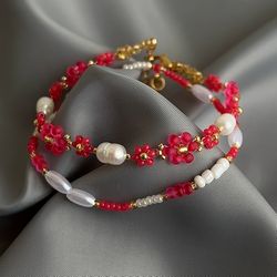 Exquisite Handcrafted Berry Beaded and Pearl Flower Bracelet Set, Adjustable 12-20cm, Custom Artistry for Unique Style