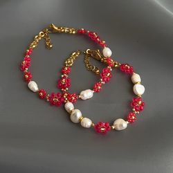 Exclusive berry pearl bracelet, Floral bright bracelet with natural pearls for her, Summer bright jewelry with pearls