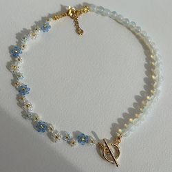 Enchanting Blue Floral Necklace with Round Clasp and Moonstone Beads: Elevate Your Style with Nature's Beauty for her