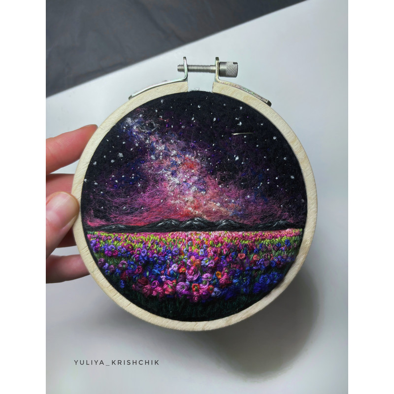Embroidered A Needle Felted Painting Milky Way Comet Artwork 0