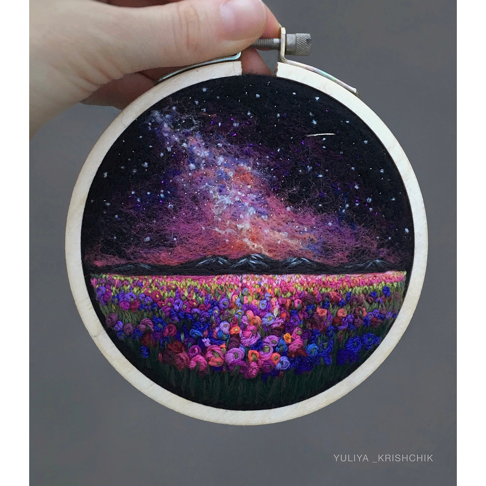 Embroidered A Needle Felted Painting Milky Way Comet Artwork 0