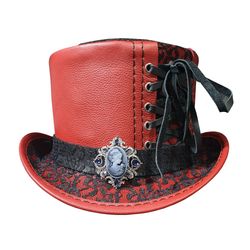 Steampunk Black Crusty Band Red Leather Top Hat