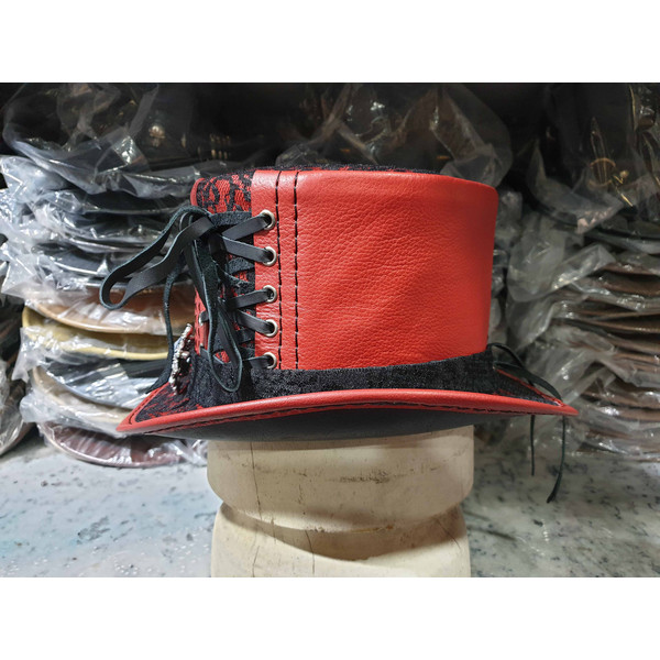 Steampunk Black Crusty Band Red Leather Top Hat (2).jpg