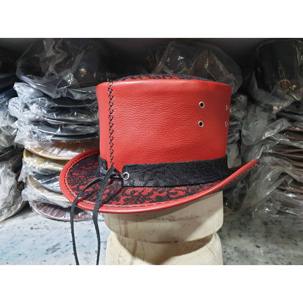 Steampunk Black Crusty Band Red Leather Top Hat (3).jpg