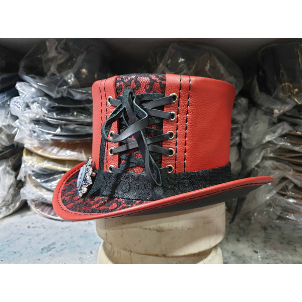 Steampunk Black Crusty Band Red Leather Top Hat (5).jpg