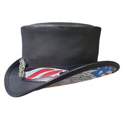 patriotic biker black leather short top hat
