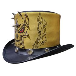 Gothic Malevolent Mens Gold Black Leather Top Hat