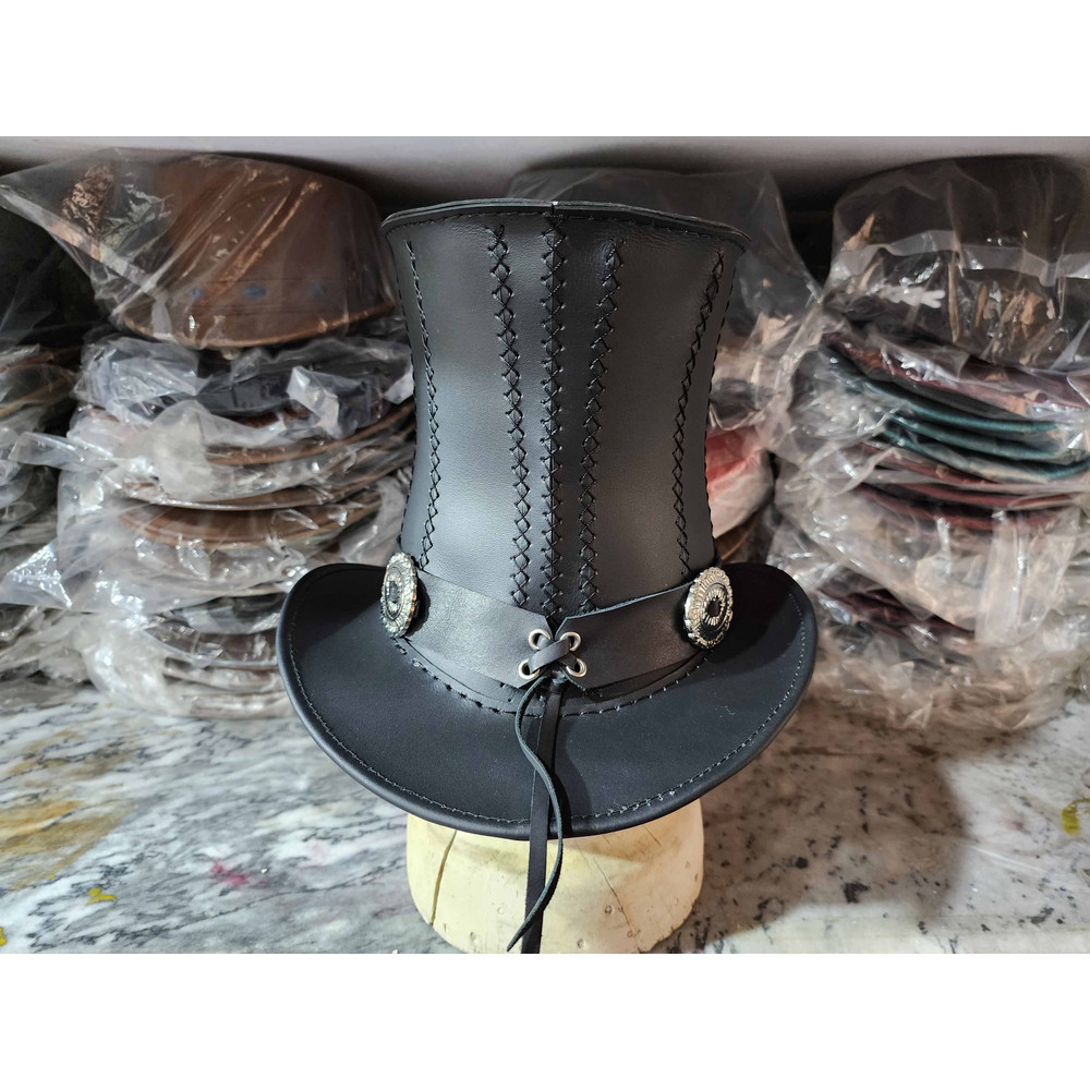 Rock Star Slash Inspired Black Leather Top Hat 5