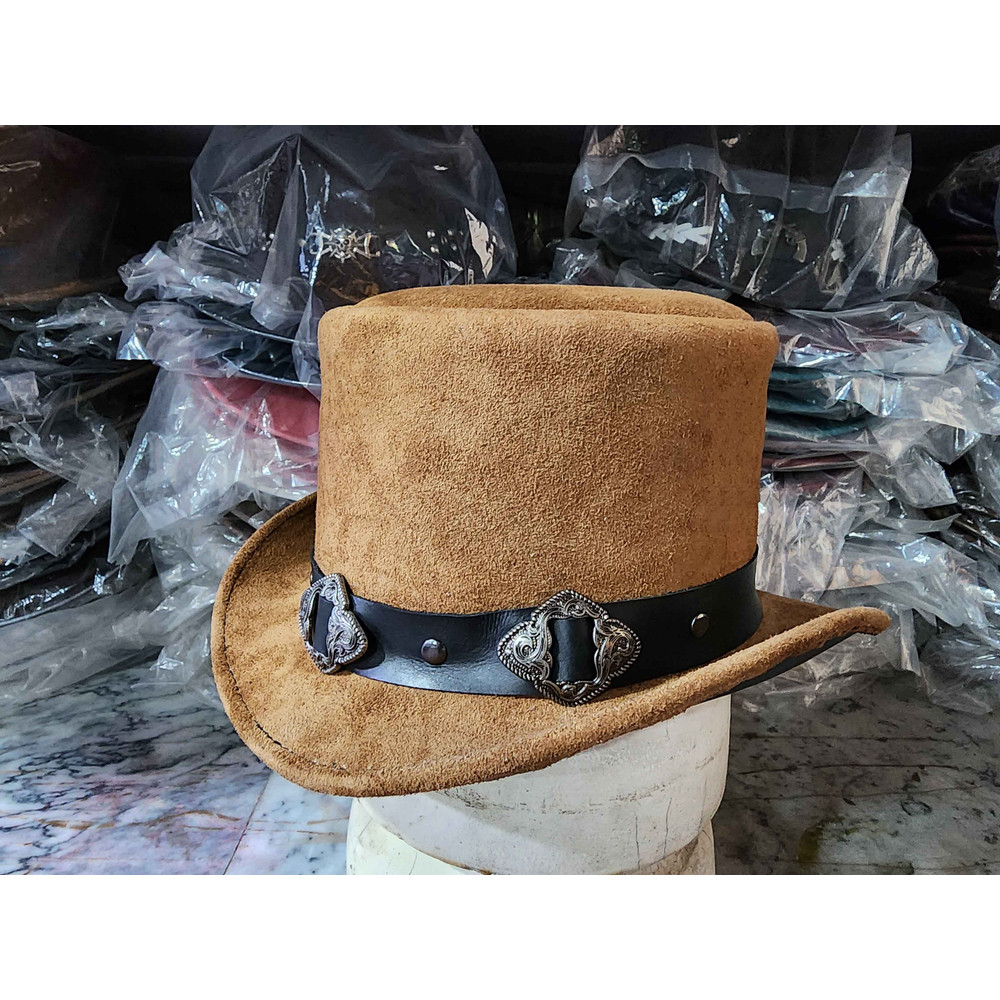 Western Rodeo Flower Carved Concho Band Eldorado Suede Leather Top Hat 1