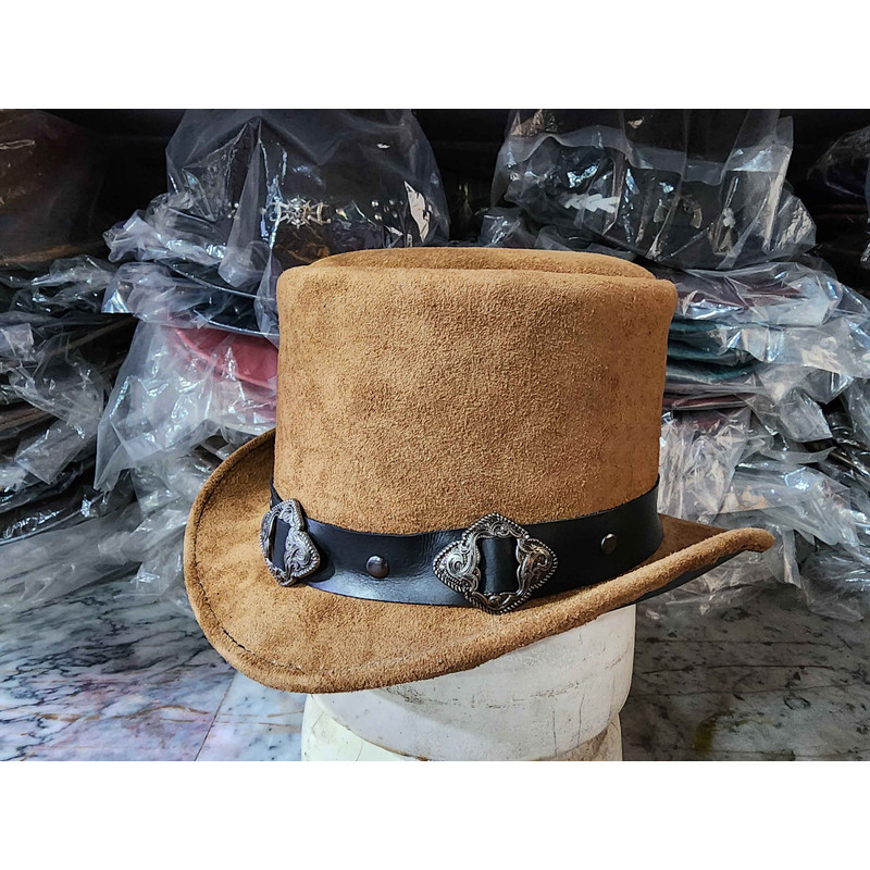 Western Rodeo Flower Carved Concho Band Eldorado Suede Leather Top Hat 1
