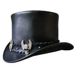 silver winged skull eldorado black leather top hat
