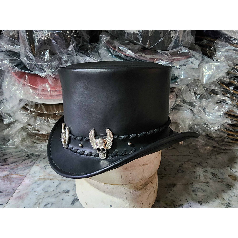 Silver Winged Skull Eldorado Black Leather Top Hat 1