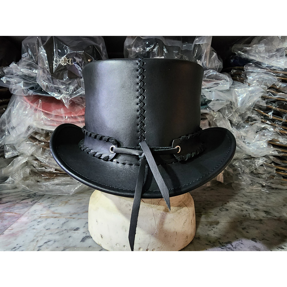 Silver Winged Skull Eldorado Black Leather Top Hat 5