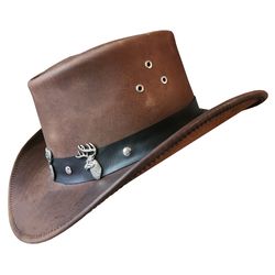 stag hunter's brown leather cowboy hat
