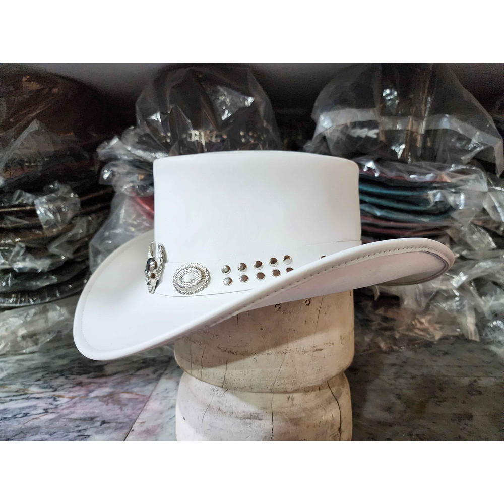 Silver Winged Skull White Leather Cowboy Hat 1