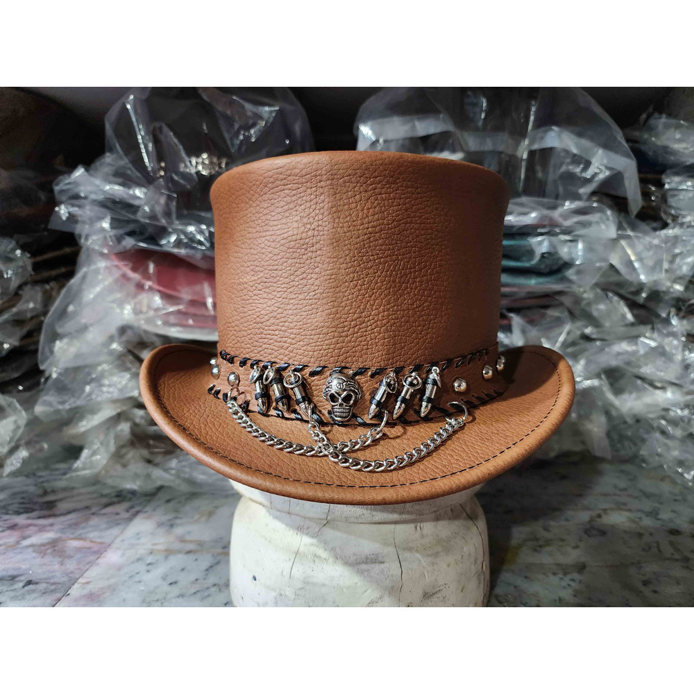 Gothic Skull Band Eldorado Leather Top Hat 2