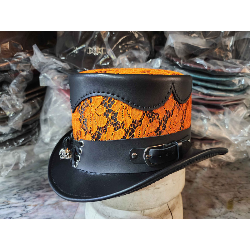 Steampunk Victorian Black Leather Top Hat 1