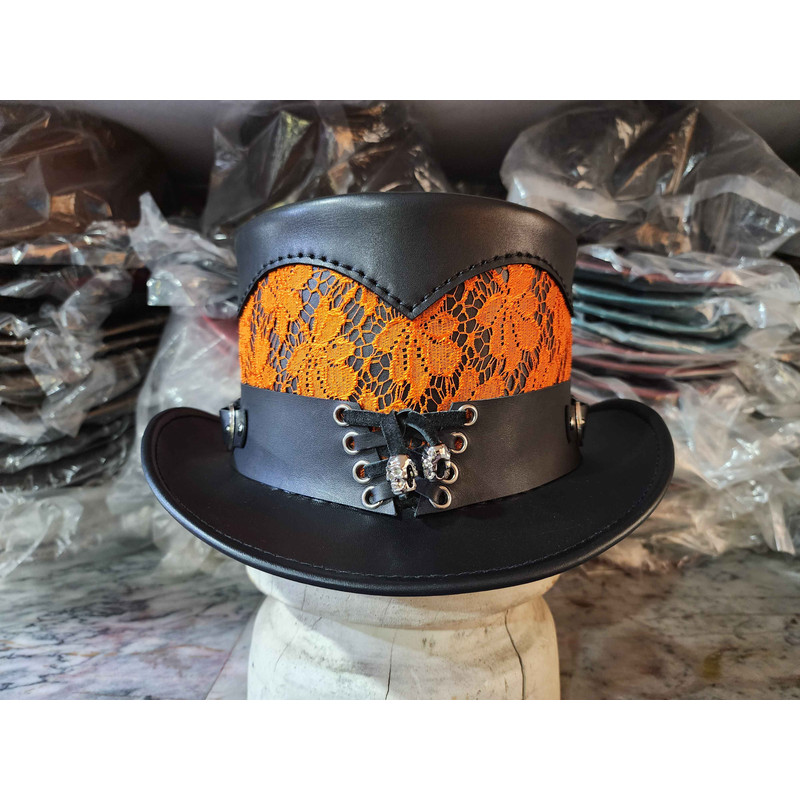 Steampunk Victorian Black Leather Top Hat 2
