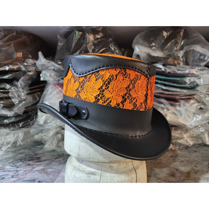 Steampunk Victorian Black Leather Top Hat 4