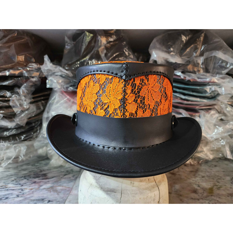 Steampunk Victorian Black Leather Top Hat 5