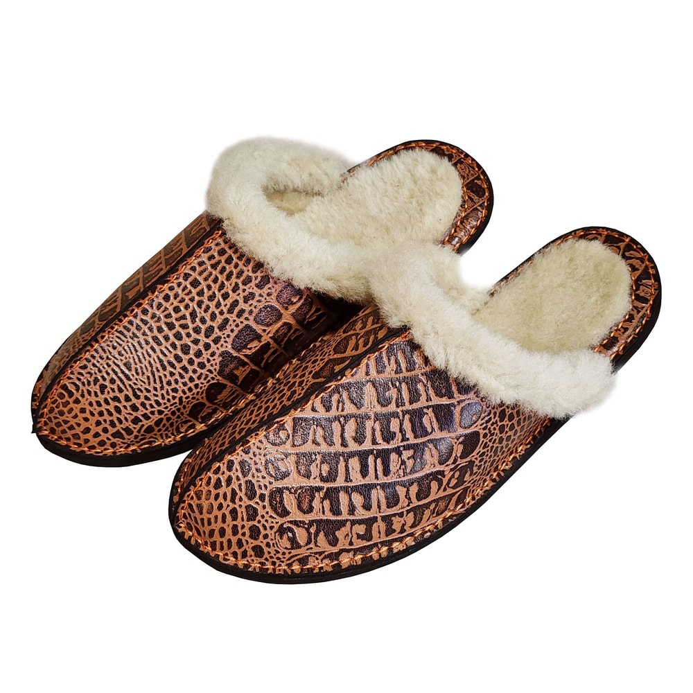 Shearling Crocodile Texture Leather Slippers 0
