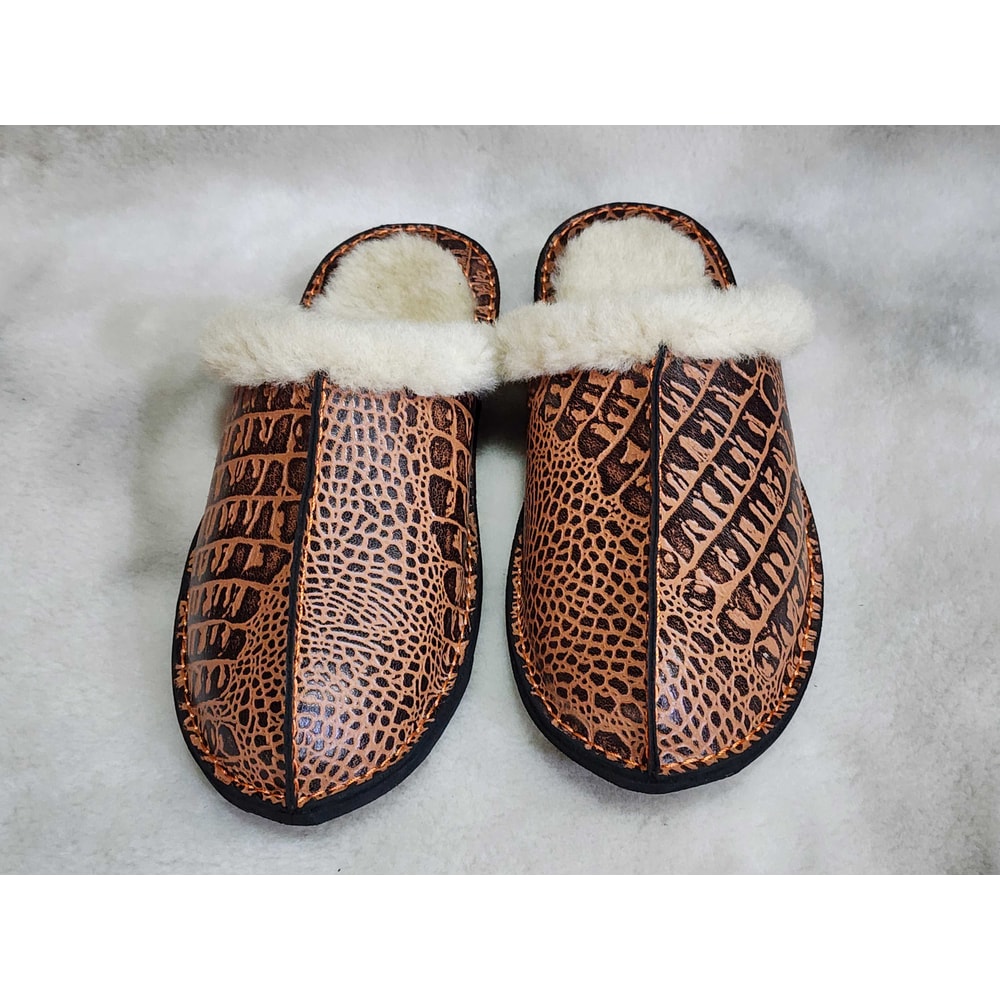 Shearling Crocodile Texture Leather Slippers 1