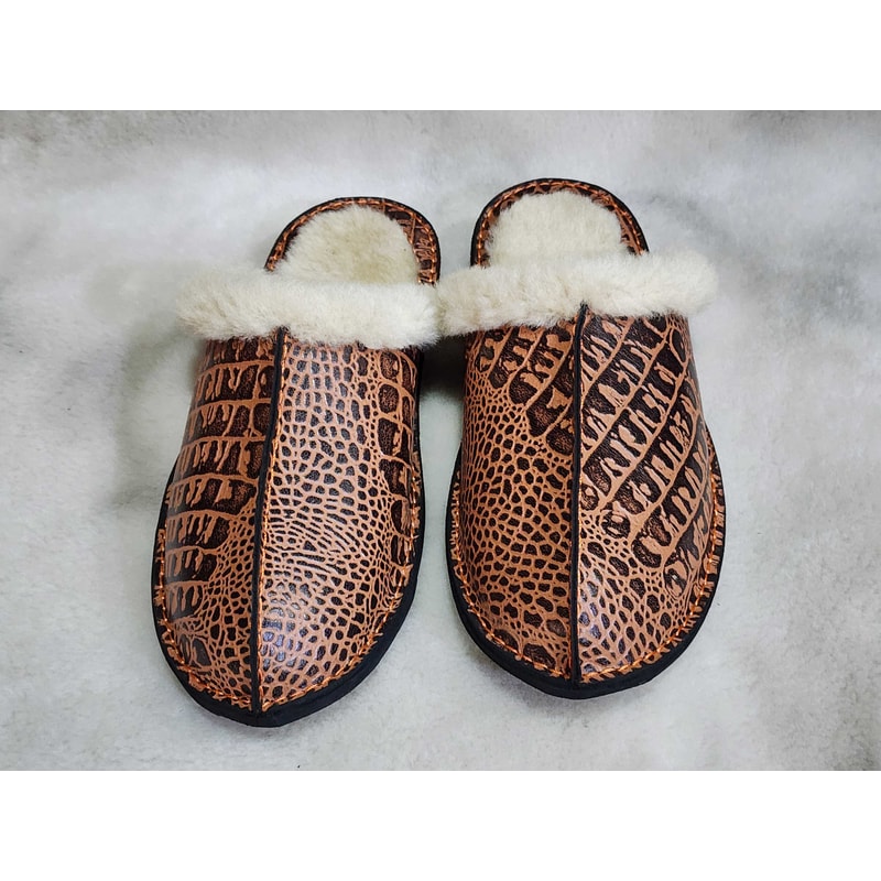 Shearling Crocodile Texture Leather Slippers 1