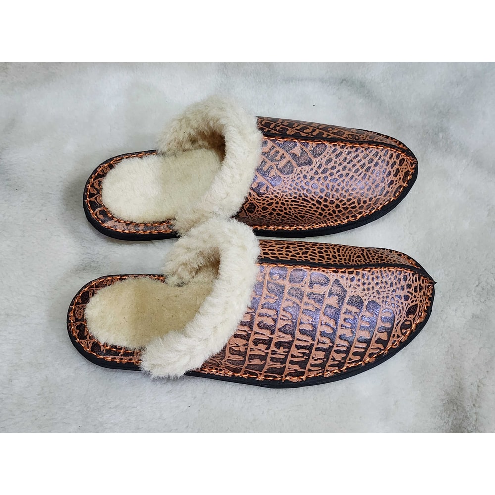 Shearling Crocodile Texture Leather Slippers 2