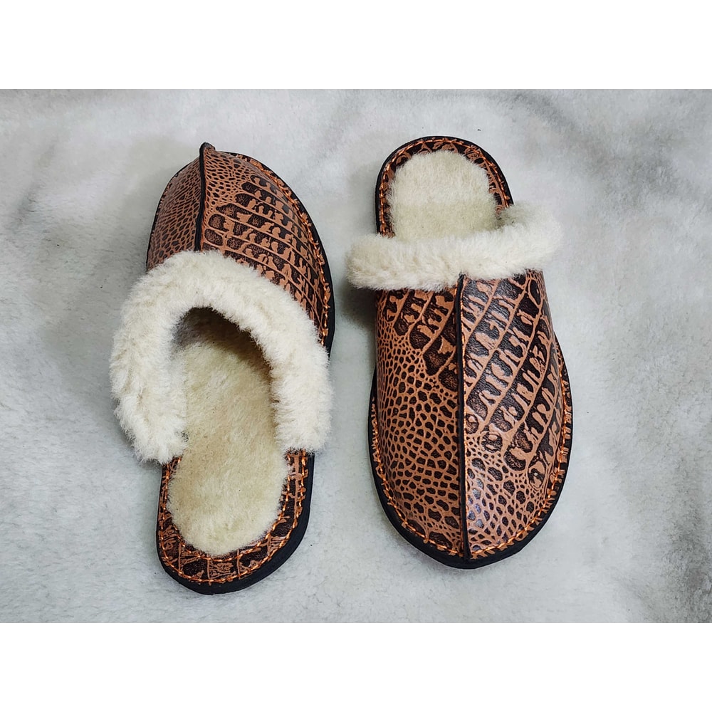 Shearling Crocodile Texture Leather Slippers 3