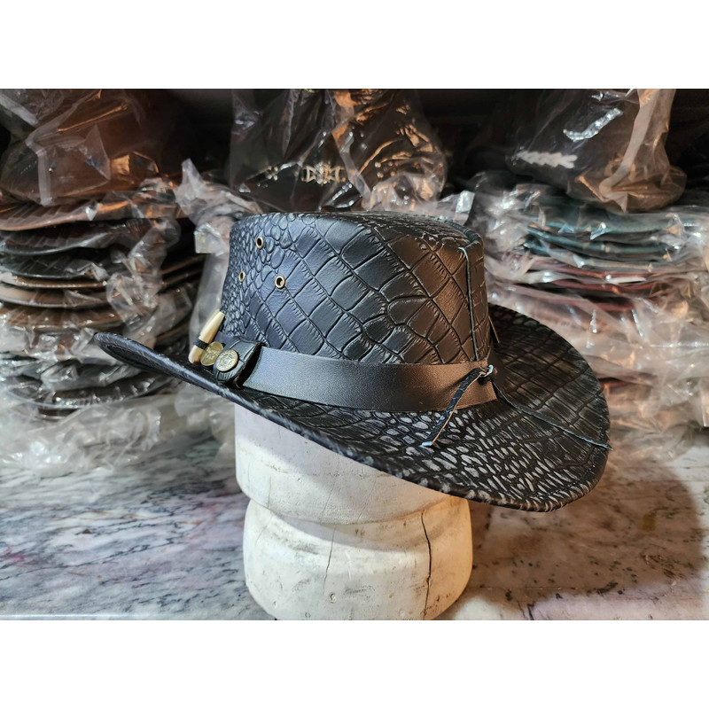 Bushman Style Black Crocodile Leather Outback Hat 5
