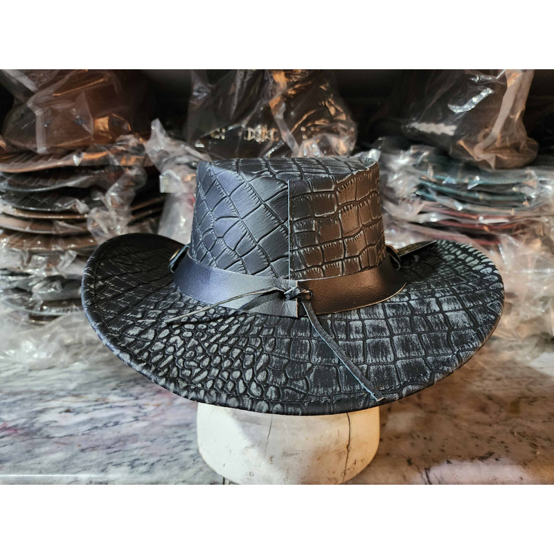 Bushman Style Black Crocodile Leather Outback Hat 6