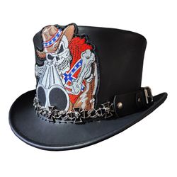 skull cowboy black leather top hat