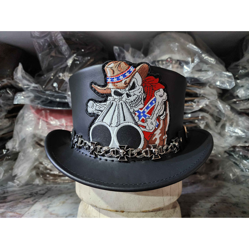 Skull Cowboy Black Leather Top Hat 2