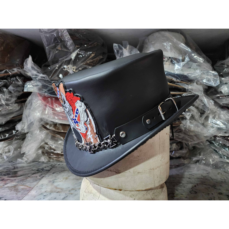 Skull Cowboy Black Leather Top Hat 1