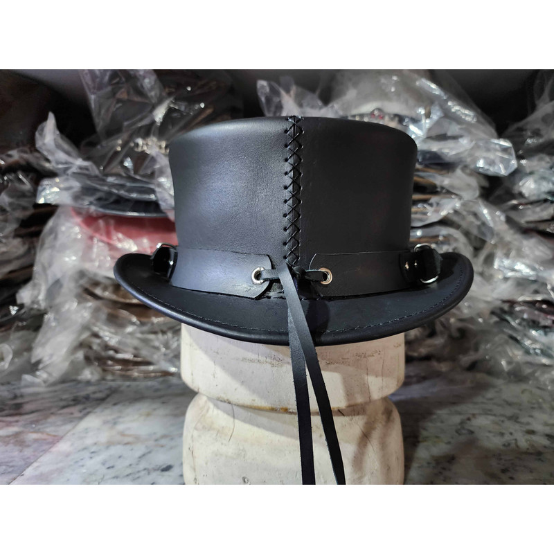 Skull Cowboy Black Leather Top Hat 6