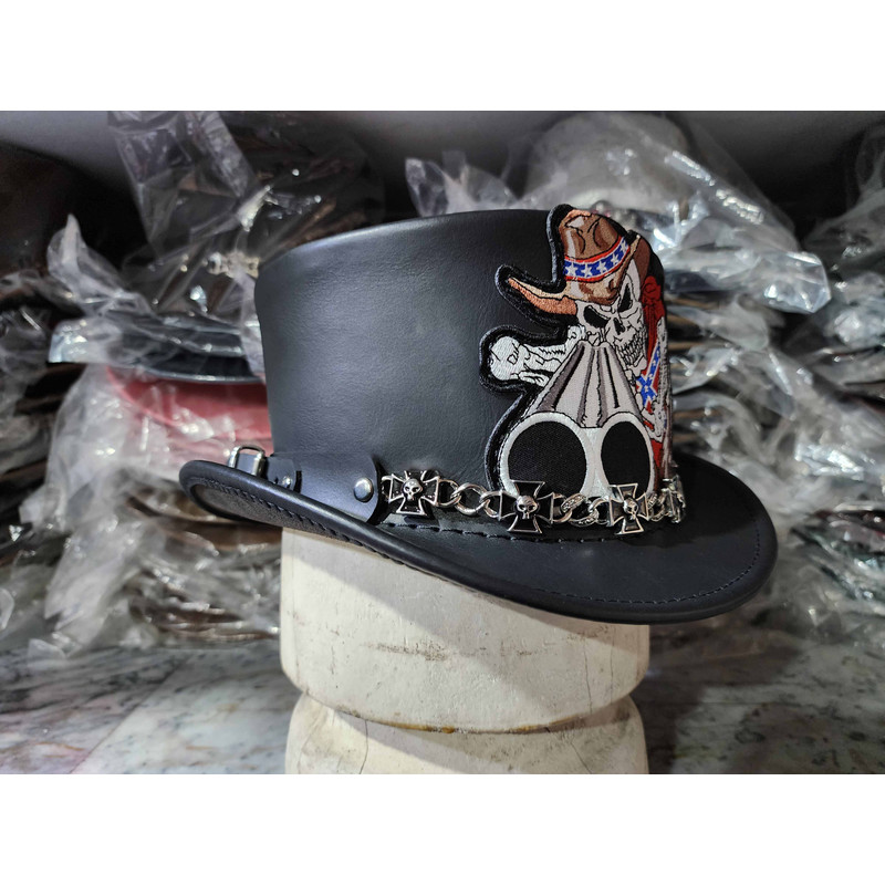 Skull Cowboy Black Leather Top Hat 3