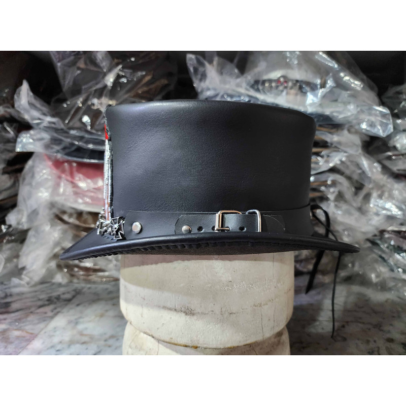 Skull Cowboy Black Leather Top Hat 4