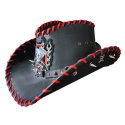 biker skull engine patch black leather cowboy hat
