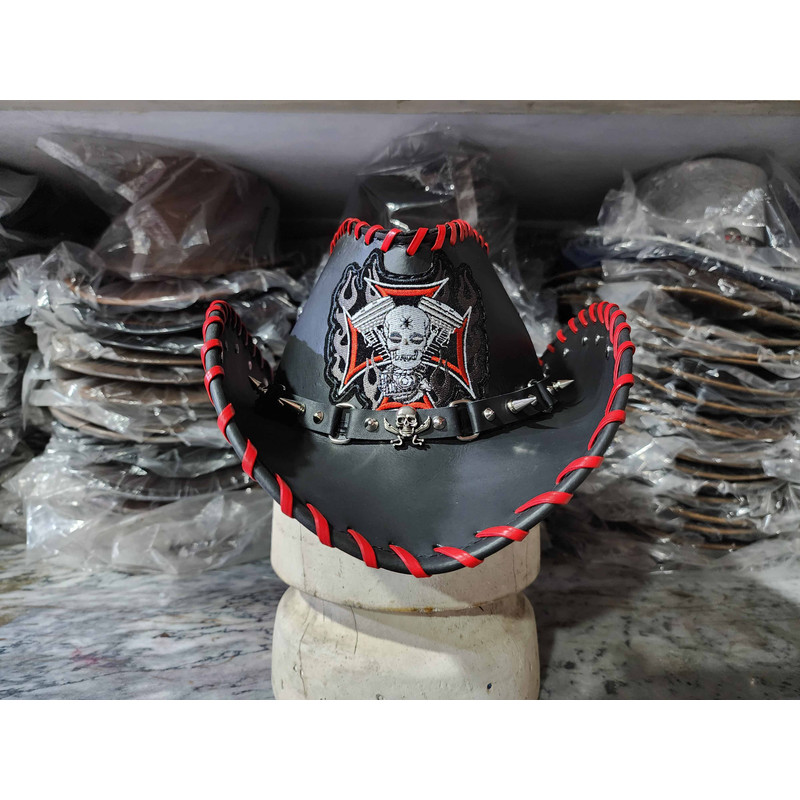 Biker Skull Engine Patch Black Leather Cowboy Hat 1