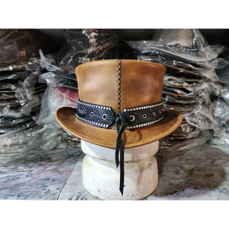 Vintage Fashion Steampunk Leather Top Hat 5