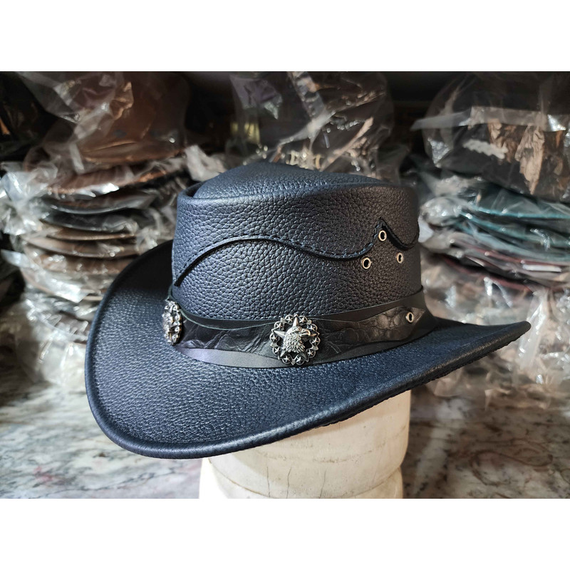 Western Cowboy Leather Hat With Eagle Star Conchos 1