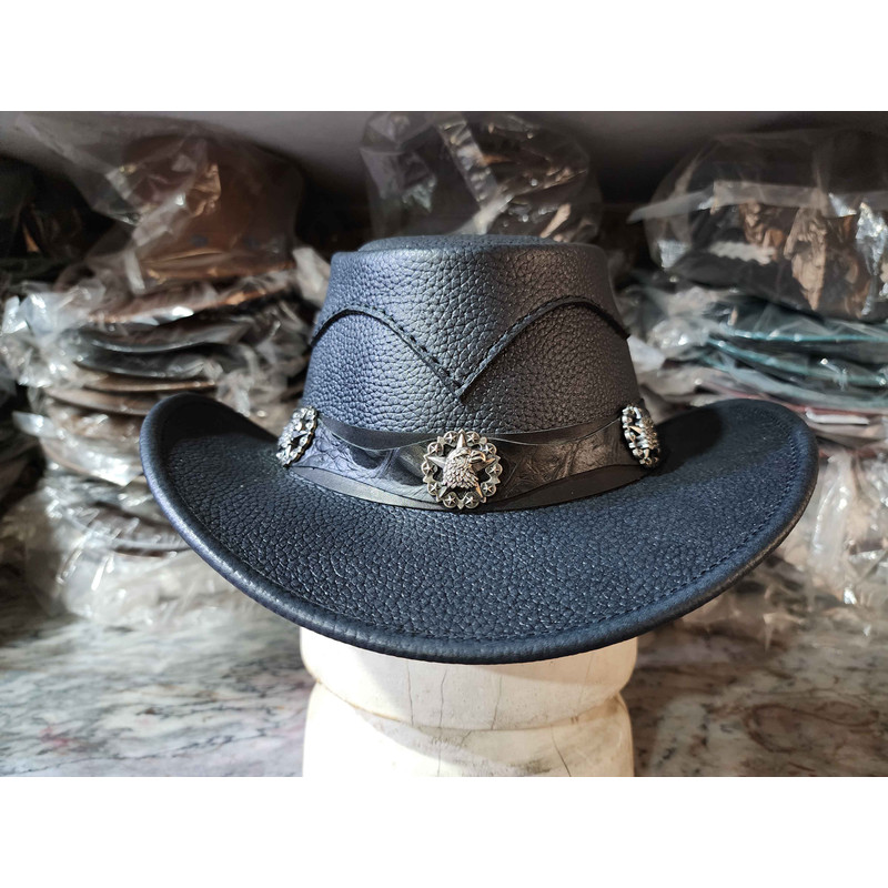 Western Cowboy Leather Hat With Eagle Star Conchos 2