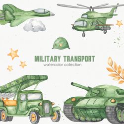 Military transport watercolor, tank, truck, war, weapon, gun.Watercolor clipart. Digital watercolor, PNG