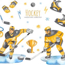 Hockey watercolor clipart, hockey player, goalie, stick, helmet, skates. Watercolor clipart. Digital watercolor, PNG