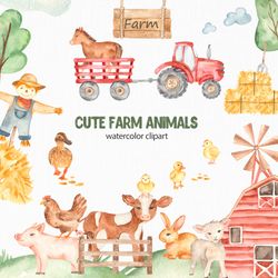 Watercolor clipart with cute farm animals, horse, duck, sheep, pig, tractor and trailer, scarecrow. Watercolor clipart.